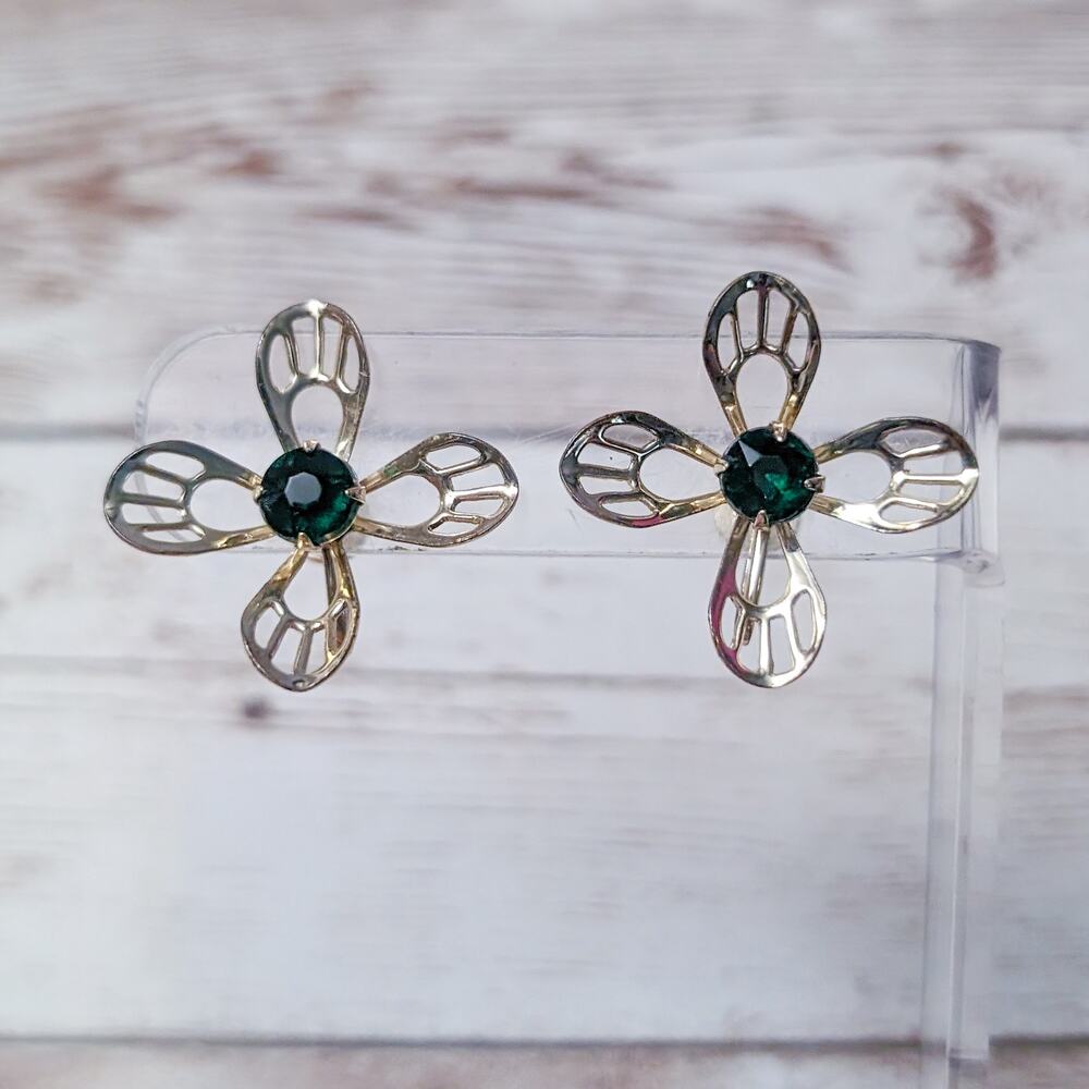 Vintage Screw Back Earrings Large Gold Tone with Dark Green Gem
